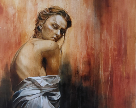 Shy girl in a white dress - 90 cm x 90 cm - peinture acrylique et huile sur toile - prix sur demande