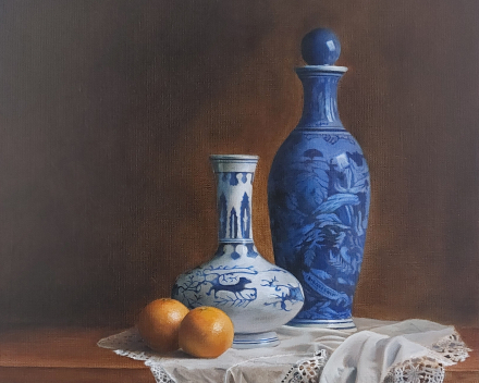 RECENT WORK - stillife with blue vase, lace and oranges - 50 cm x 40 cm