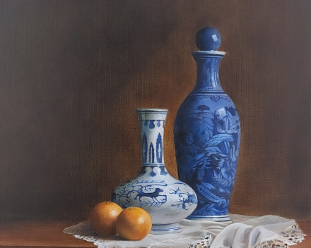 Stillife with blue vase, lace and oranges - 50 cm x 40 cm - oil on linnen canvas - in private collection