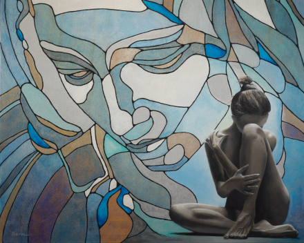 Piéta looking down on girl - 90 cm x 90 cm - acryl on canvas - in private collection