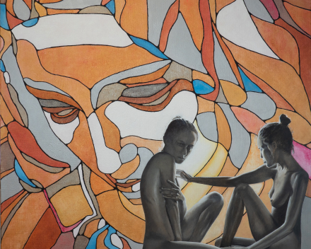 Piéta looking down on two girls - 90 cm x 90 cm - acryl on canvas - in private collection