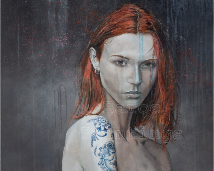 Girl with blue tattoo 1 - 70 x 70 - peinture acrylique sur toile - prix sur demande
